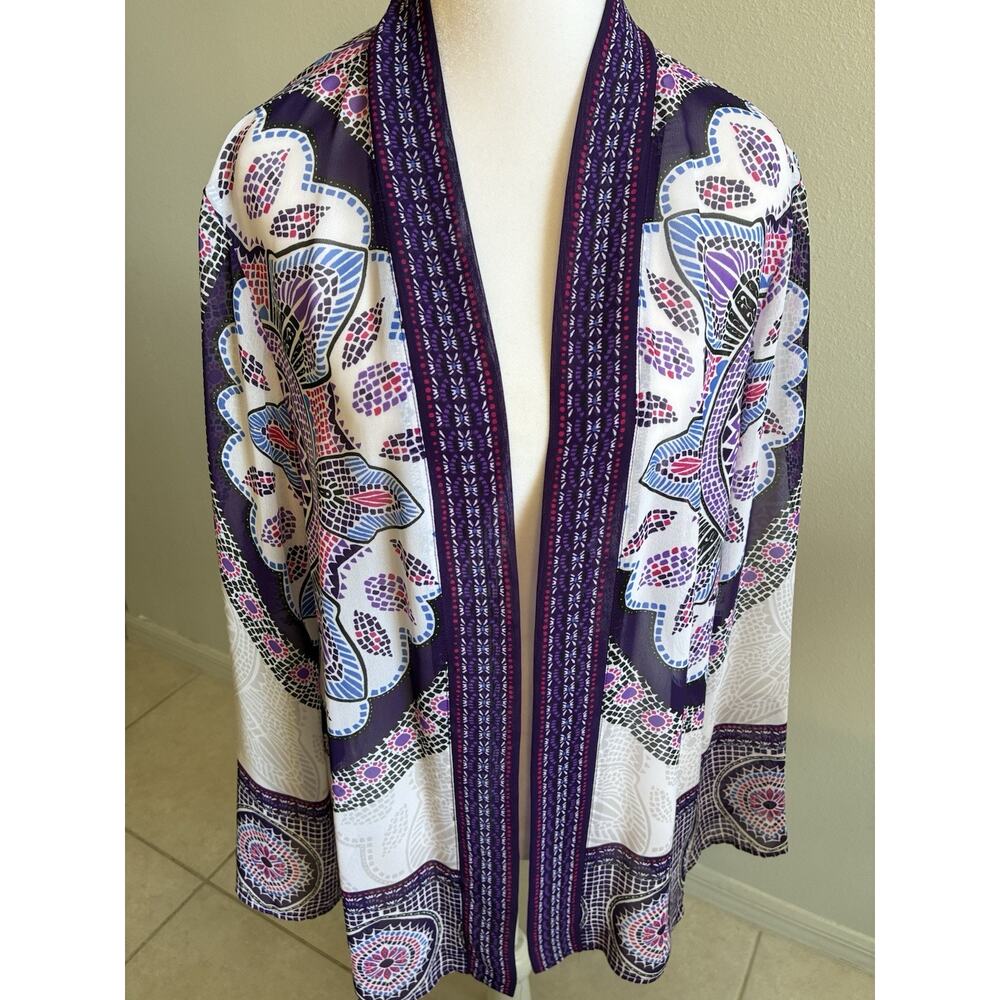 Chicos Travelers Sheer Purple Kimono Mosaic Artsy Resort Beach Open Cardigan 2